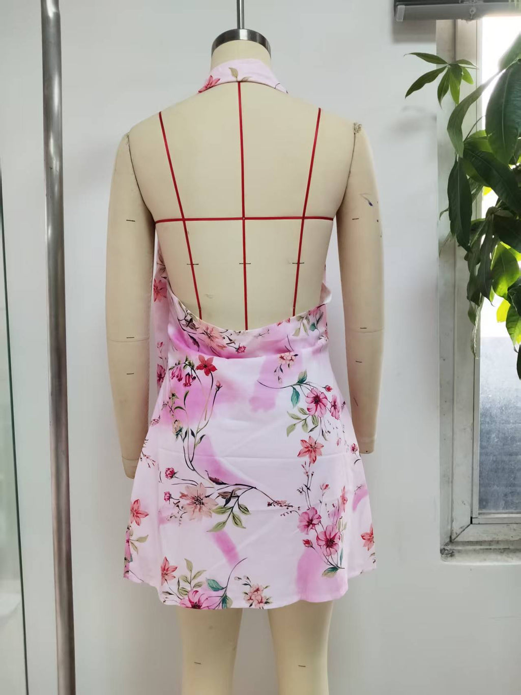 Floral Halter Mini Dress With Scarf - Pink - 7