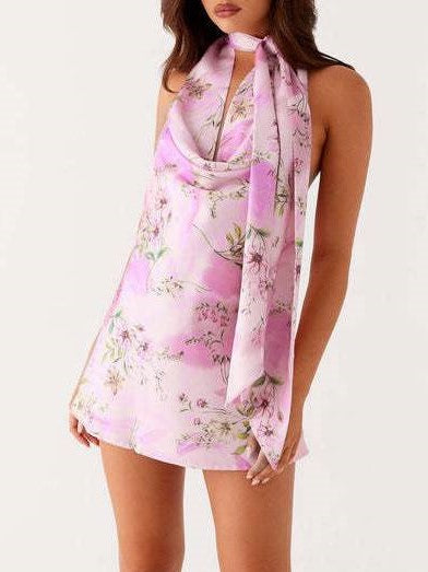 Floral Halter Mini Dress With Scarf - Pink - 8