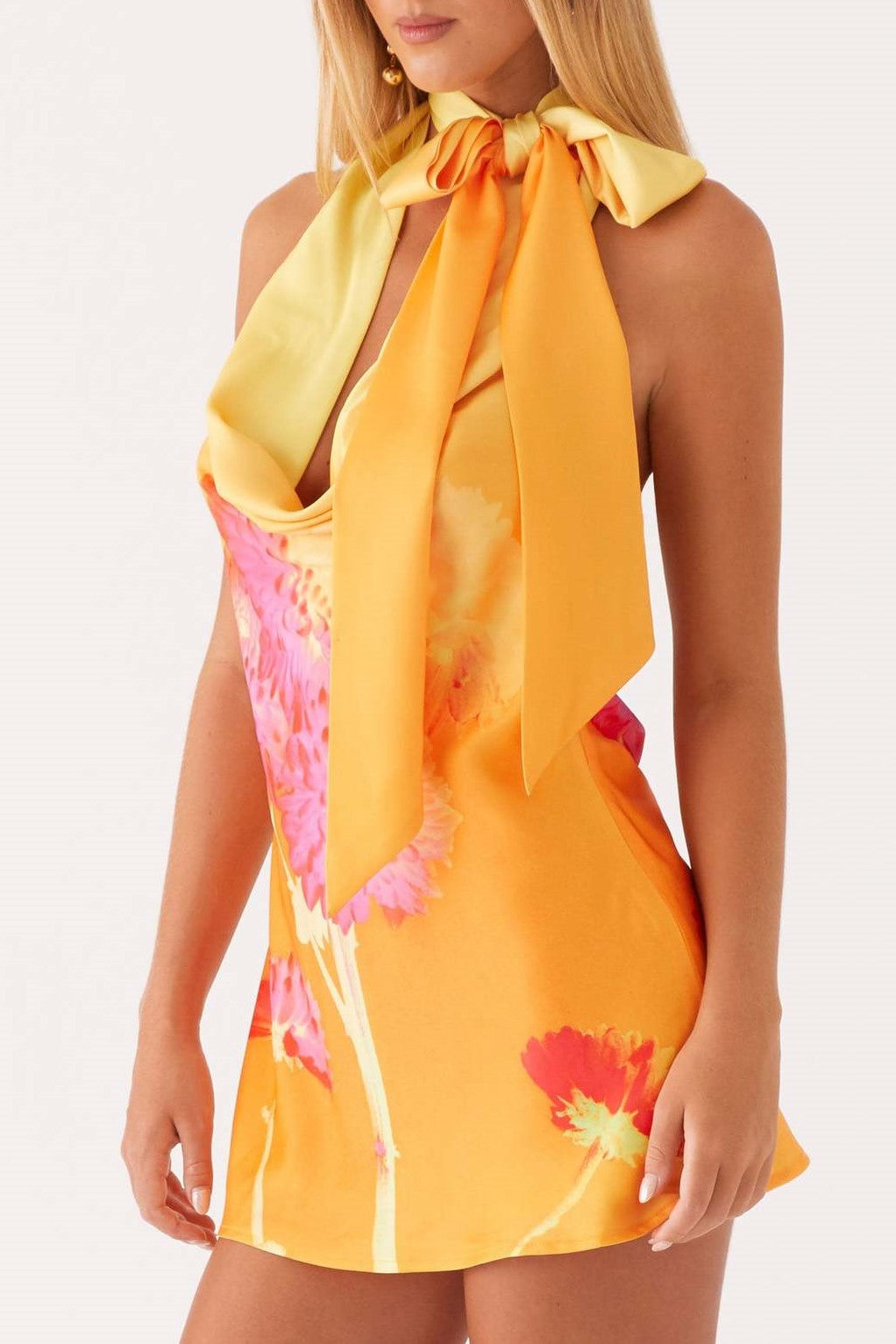 Floral Halter Mini Dress With Scarf - orange - 4