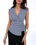 Surplice Wrap Front Sleeveless Peplum Top - Grey