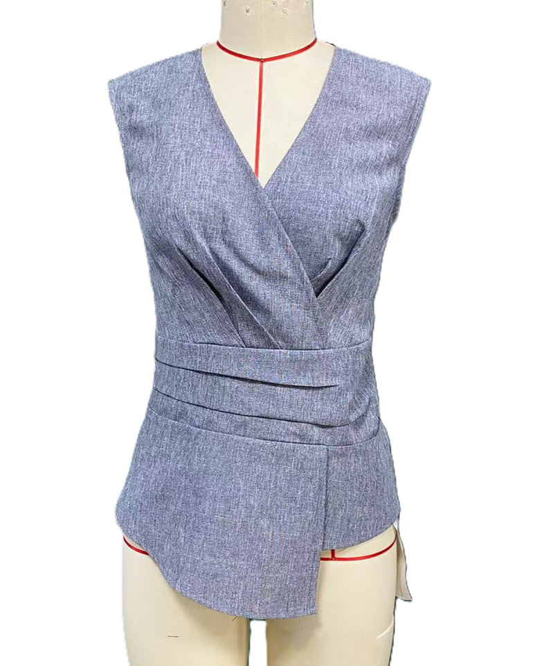 Surplice Wrap Front Sleeveless Peplum Top - Grey - 1