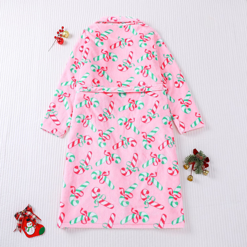 Candy Cane Print Plush Christmas Robe - Pink - 1