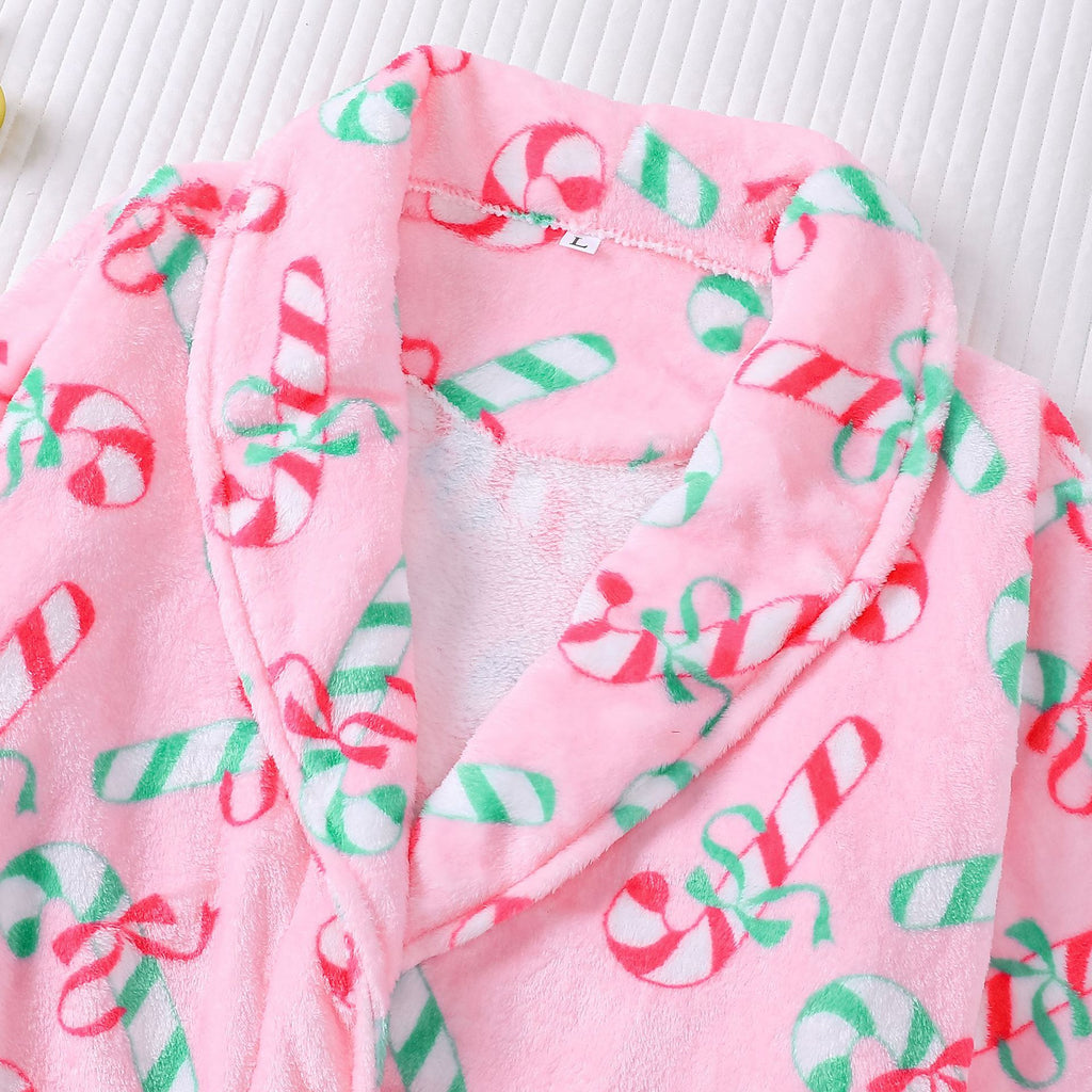 Candy Cane Print Plush Christmas Robe - Pink - 2