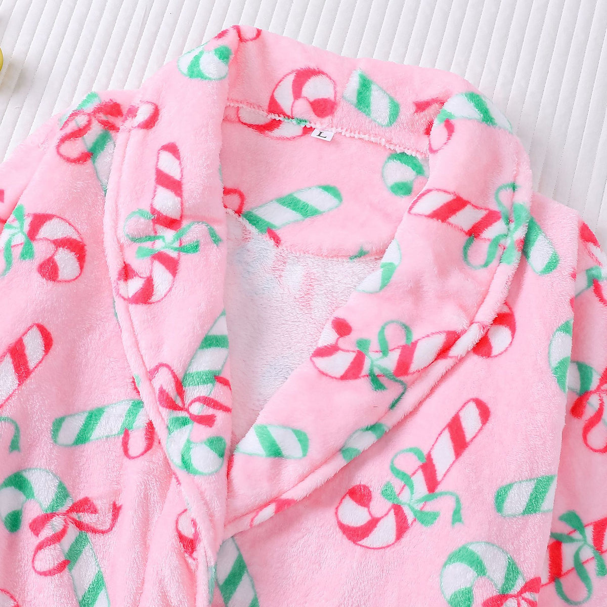 Candy Cane Print Plush Christmas Robe - Pink - 2