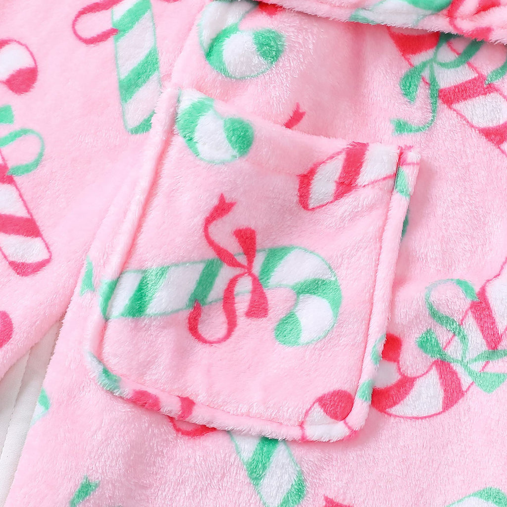 Candy Cane Print Plush Christmas Robe - Pink - 3