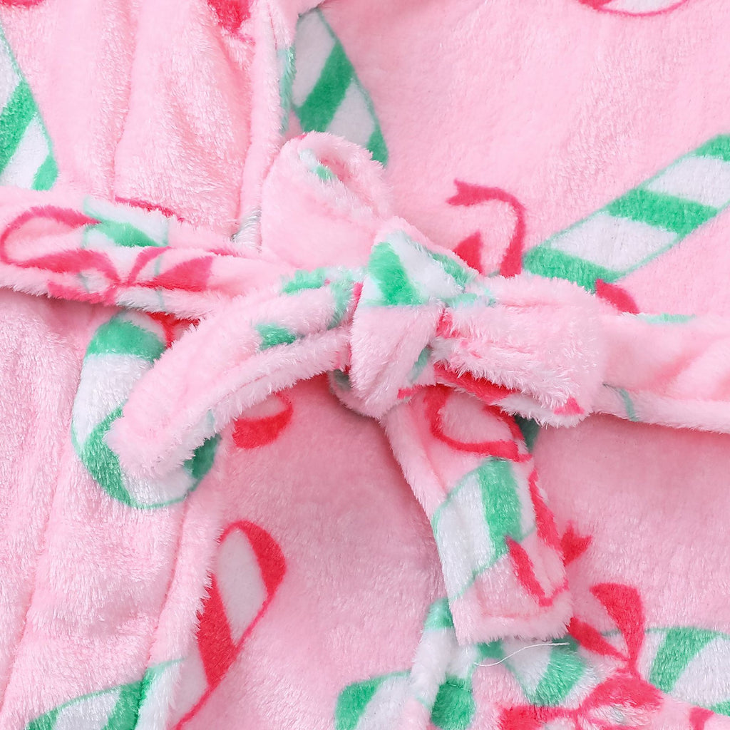 Candy Cane Print Plush Christmas Robe - Pink - 4