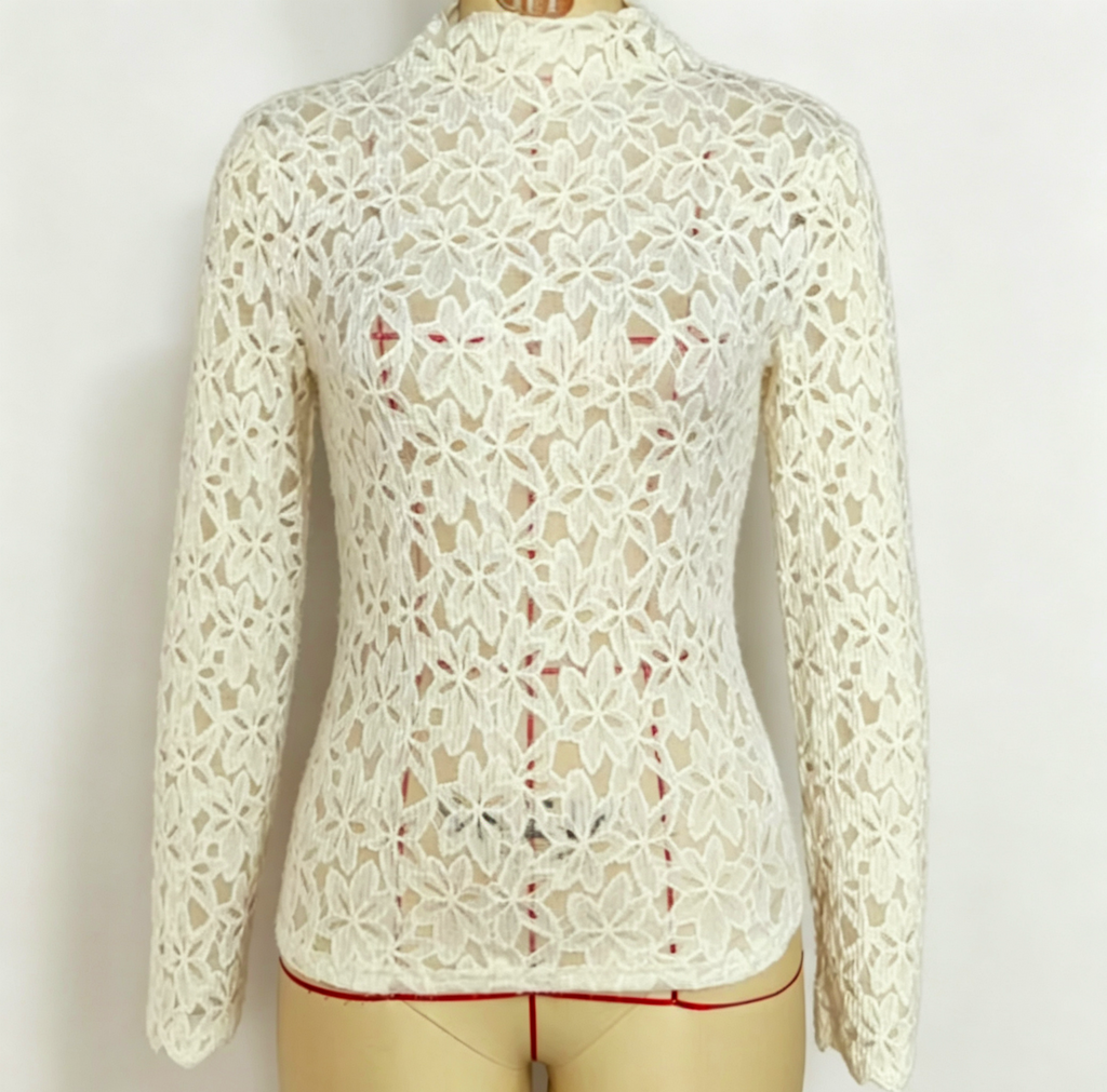Sheer Crochet Lace Blouse With Mock Neck - Beige - 5