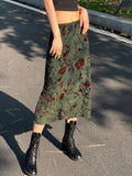 Floral Print Satin Midi Skirt With Lettuce Hem - Green