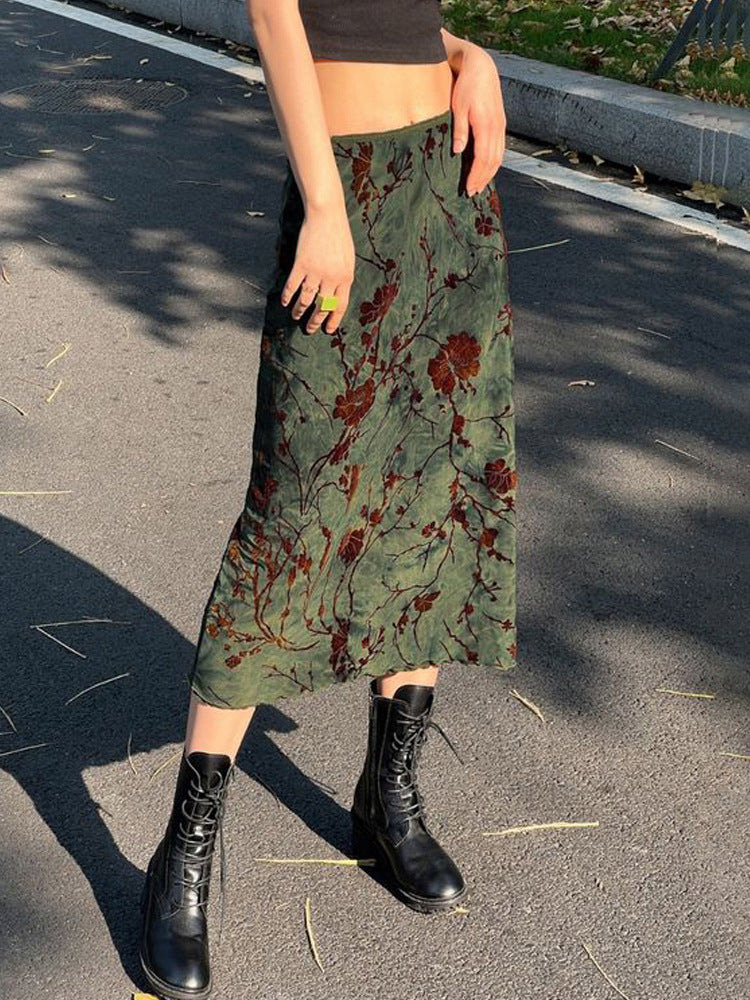 Floral Print Satin Midi Skirt With Lettuce Hem - Green