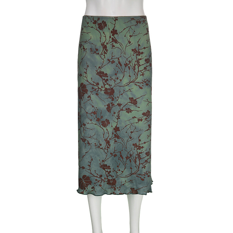 Floral Print Satin Midi Skirt With Lettuce Hem - Green - 1