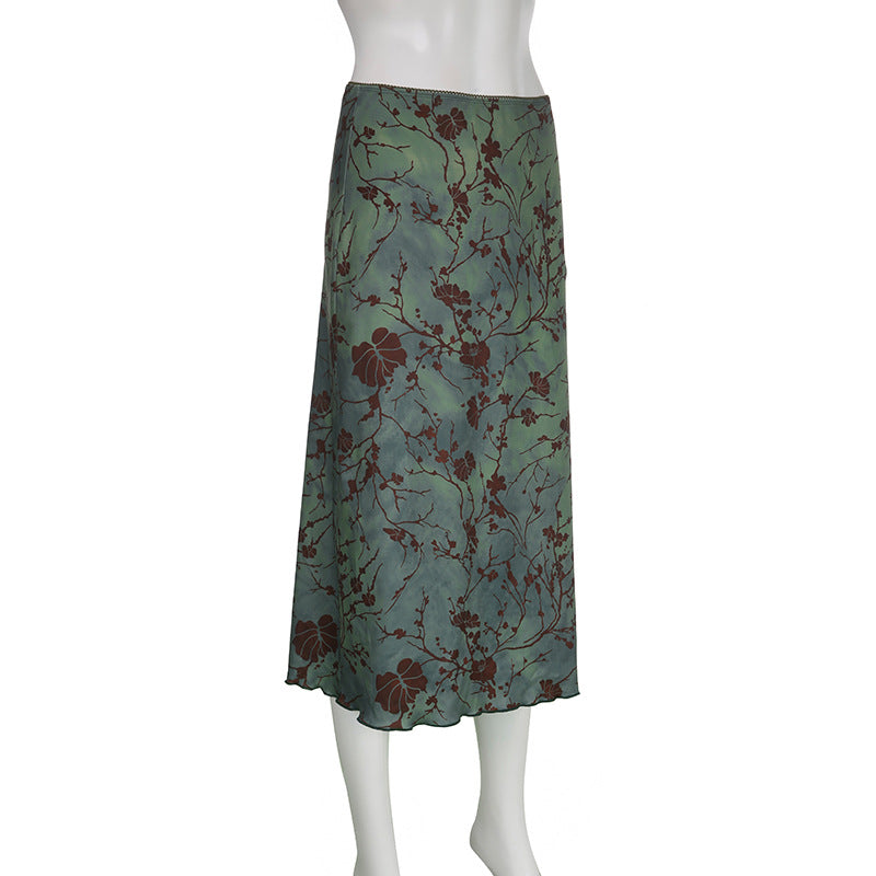 Floral Print Satin Midi Skirt With Lettuce Hem - Green - 2