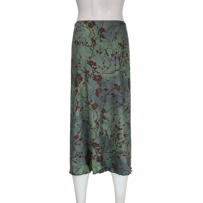 Floral Print Satin Midi Skirt With Lettuce Hem - Green - 3