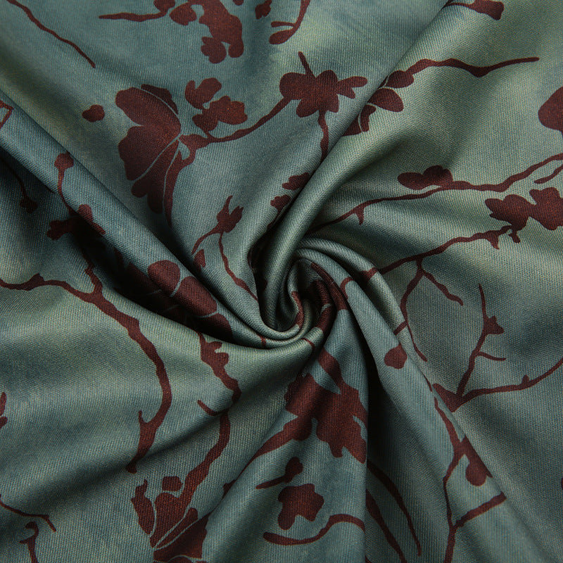 Floral Print Satin Midi Skirt With Lettuce Hem - Green - 4