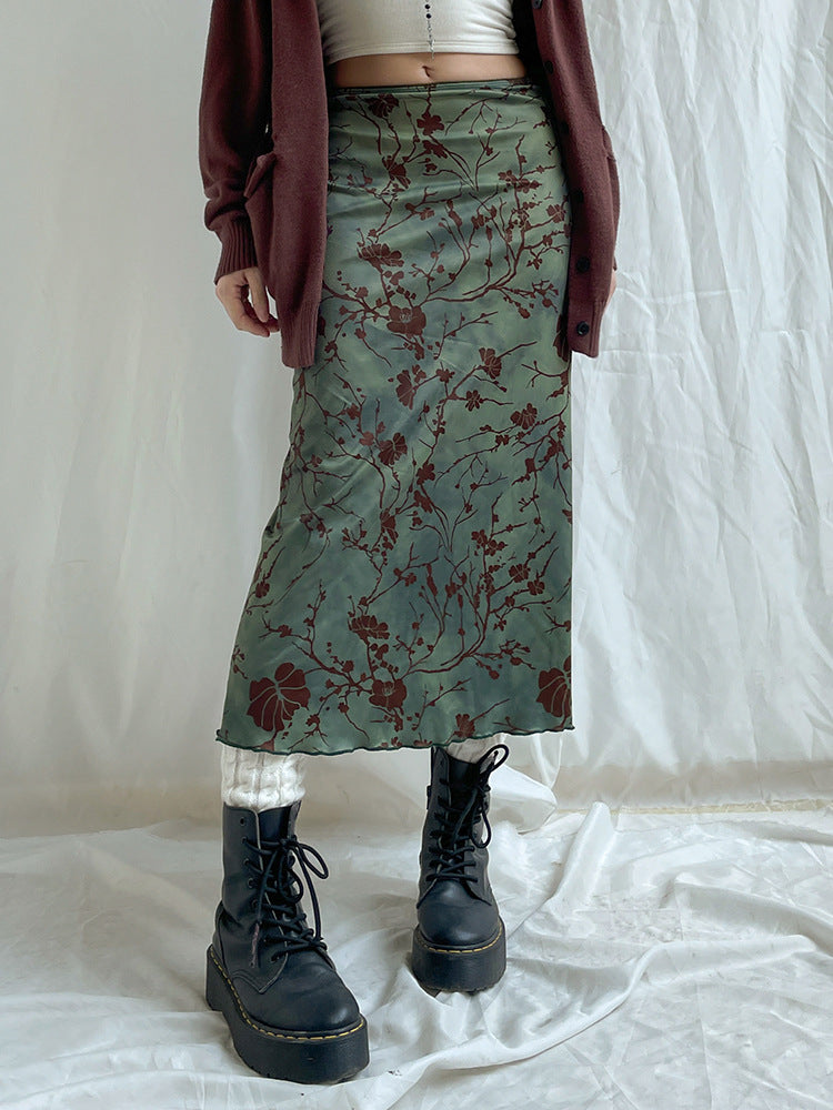 Floral Print Satin Midi Skirt With Lettuce Hem - Green - 6