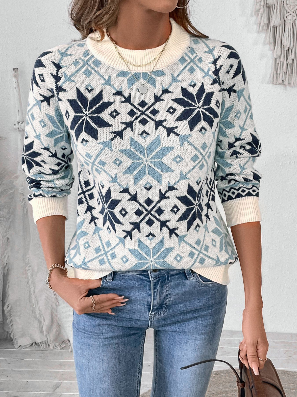 Nordic Snowflake Fair Isle Knit Sweater - Blue - 3