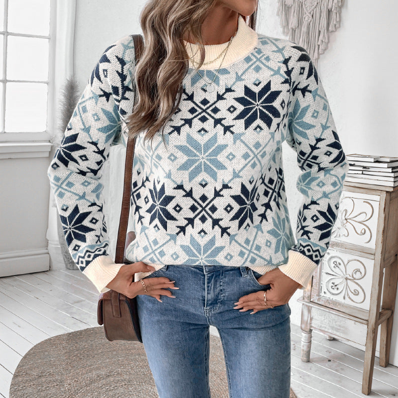Nordic Snowflake Fair Isle Knit Sweater - Blue - 8