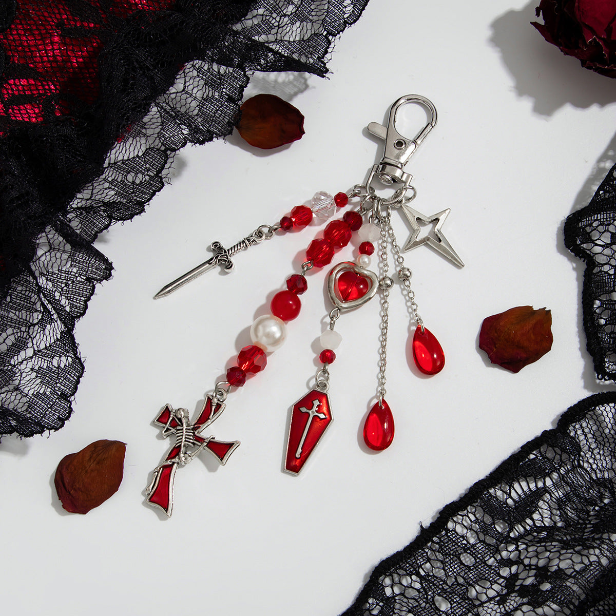 Halloween Spider And Dagger Beaded Keychain - C3