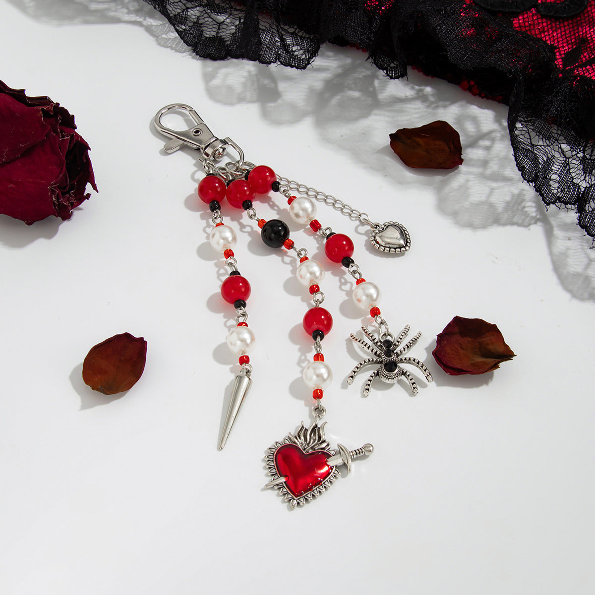 Halloween Spider And Dagger Beaded Keychain