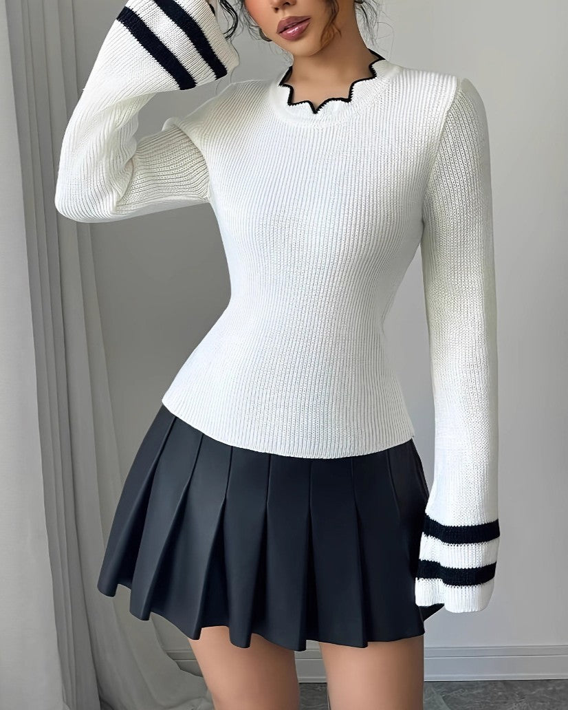 Ribbed Knit Top With Striped Flare Sleeves - White
