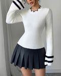 Ribbed Knit Top With Striped Flare Sleeves - White