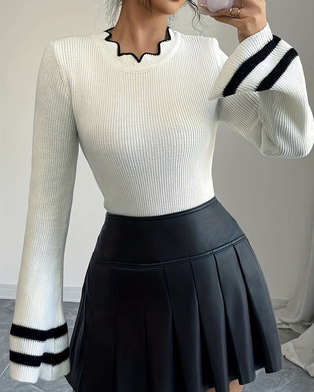 Ribbed Knit Top With Striped Flare Sleeves - White - 1