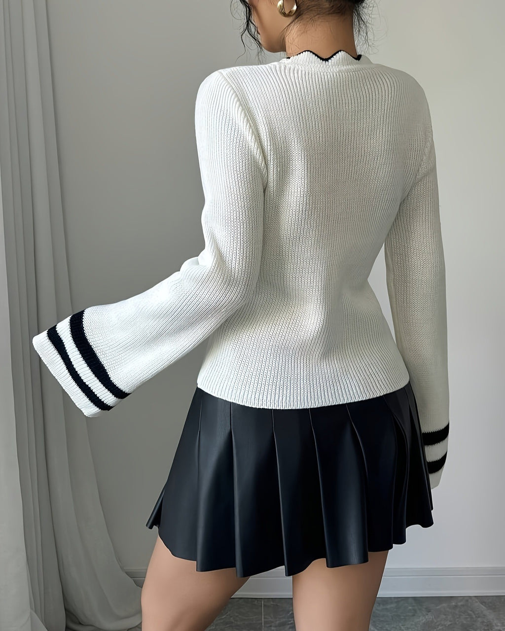Ribbed Knit Top With Striped Flare Sleeves - White - 2