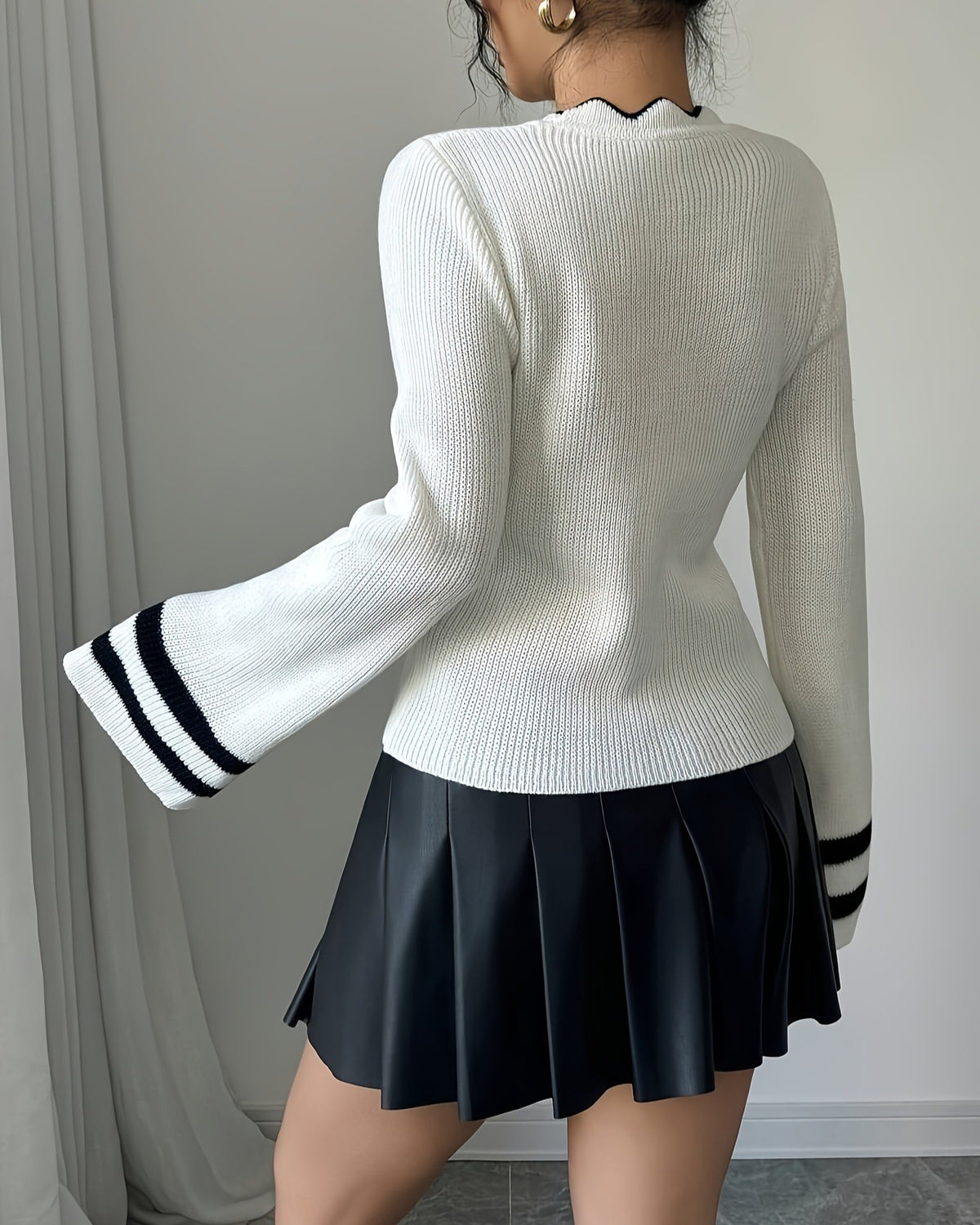 Ribbed Knit Top With Striped Flare Sleeves - White - 2