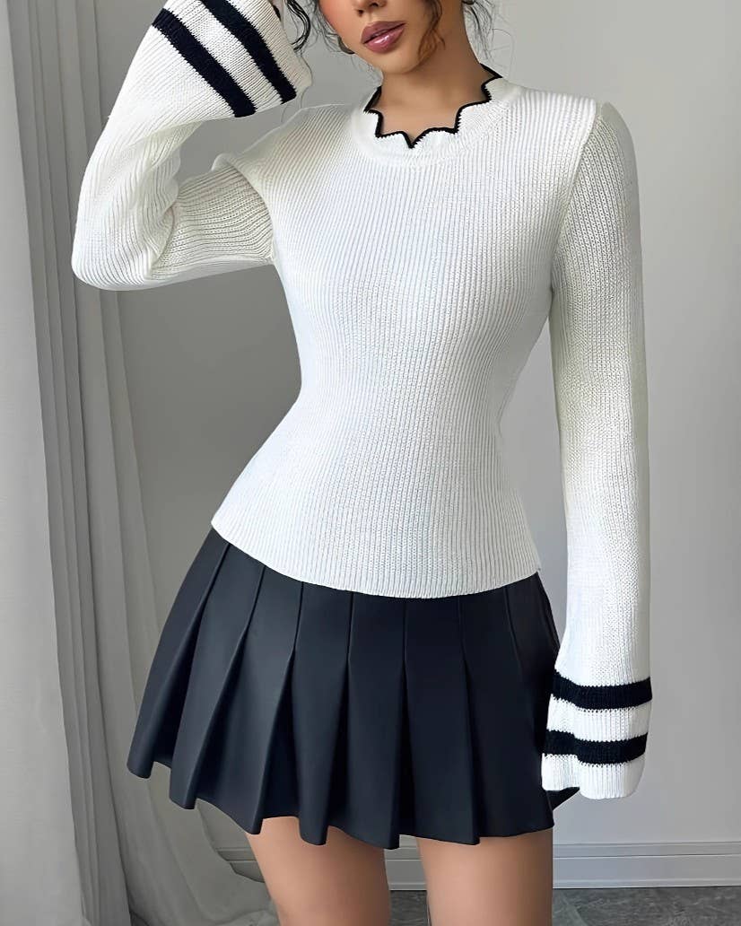 Ribbed Knit Top With Striped Flare Sleeves