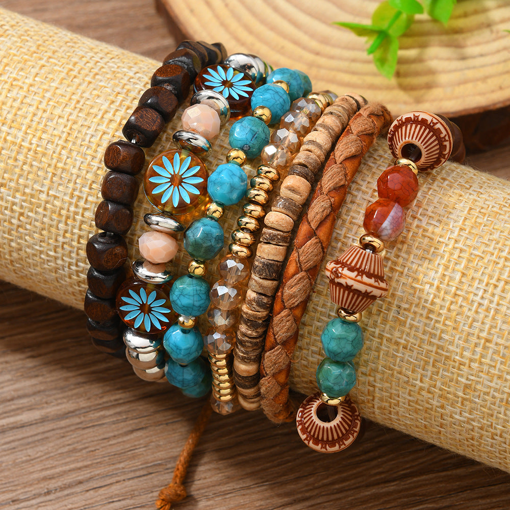 Turquoise Bead and Braided Cord Stackable Bracelet Set - view 1