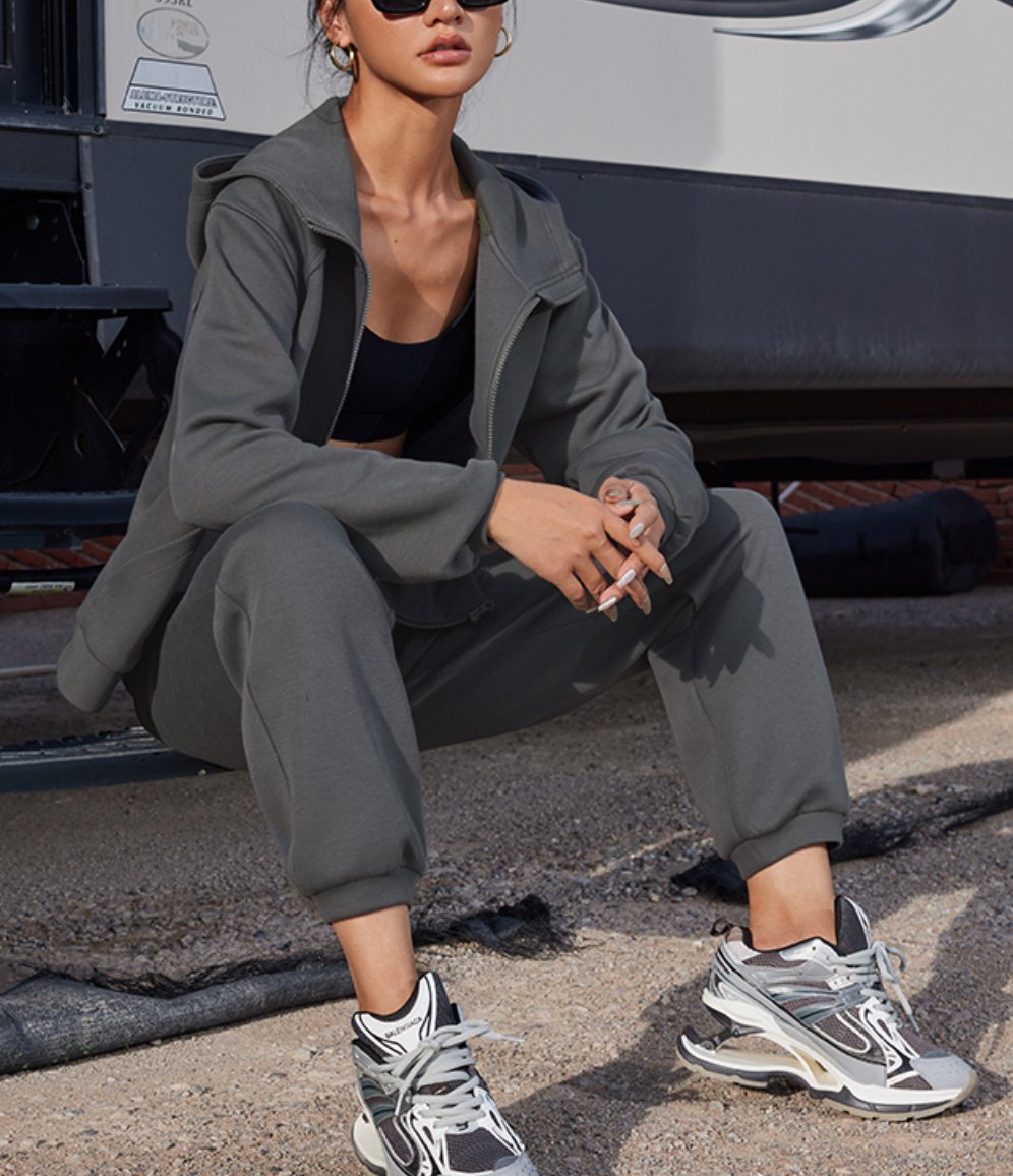 Oversized Zip Front Hooded Athletic Top - Dark gray
