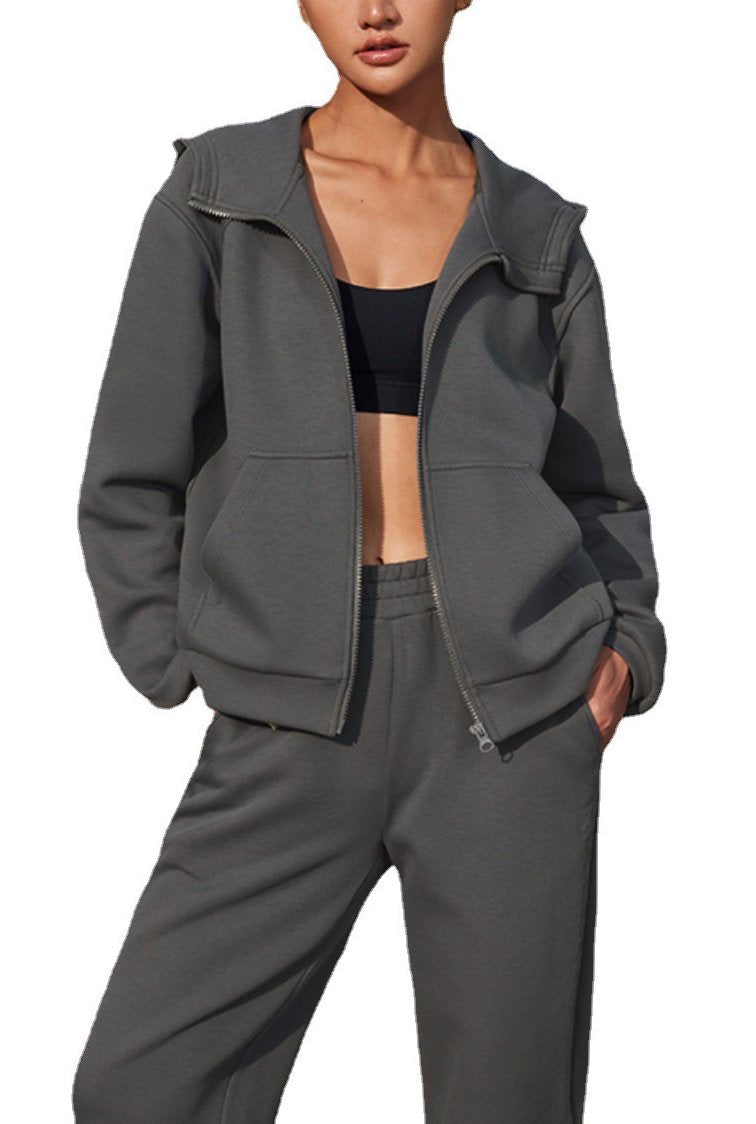 Oversized Zip Front Hooded Athletic Top - Dark gray - 1