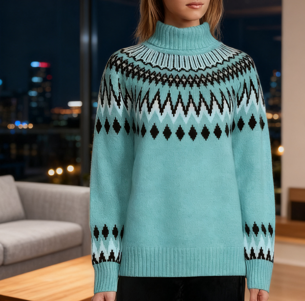 Fair Isle Yoke Half Turtleneck Knit Sweater - Blue