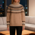 Fair Isle Yoke Half Turtleneck Knit Sweater - Brown