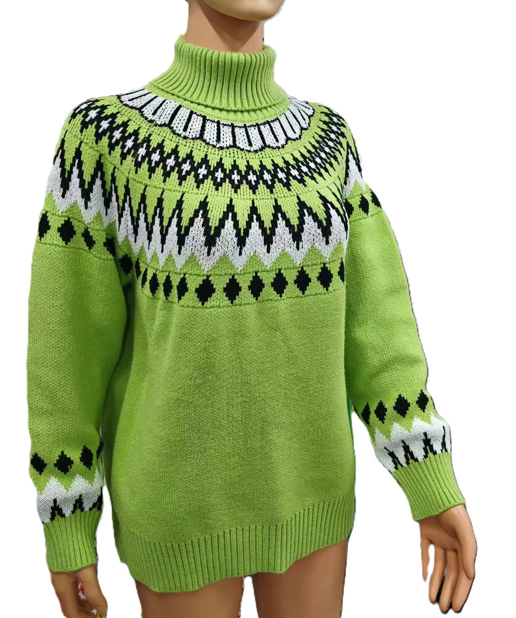 Fair Isle Yoke Half Turtleneck Knit Sweater - Green