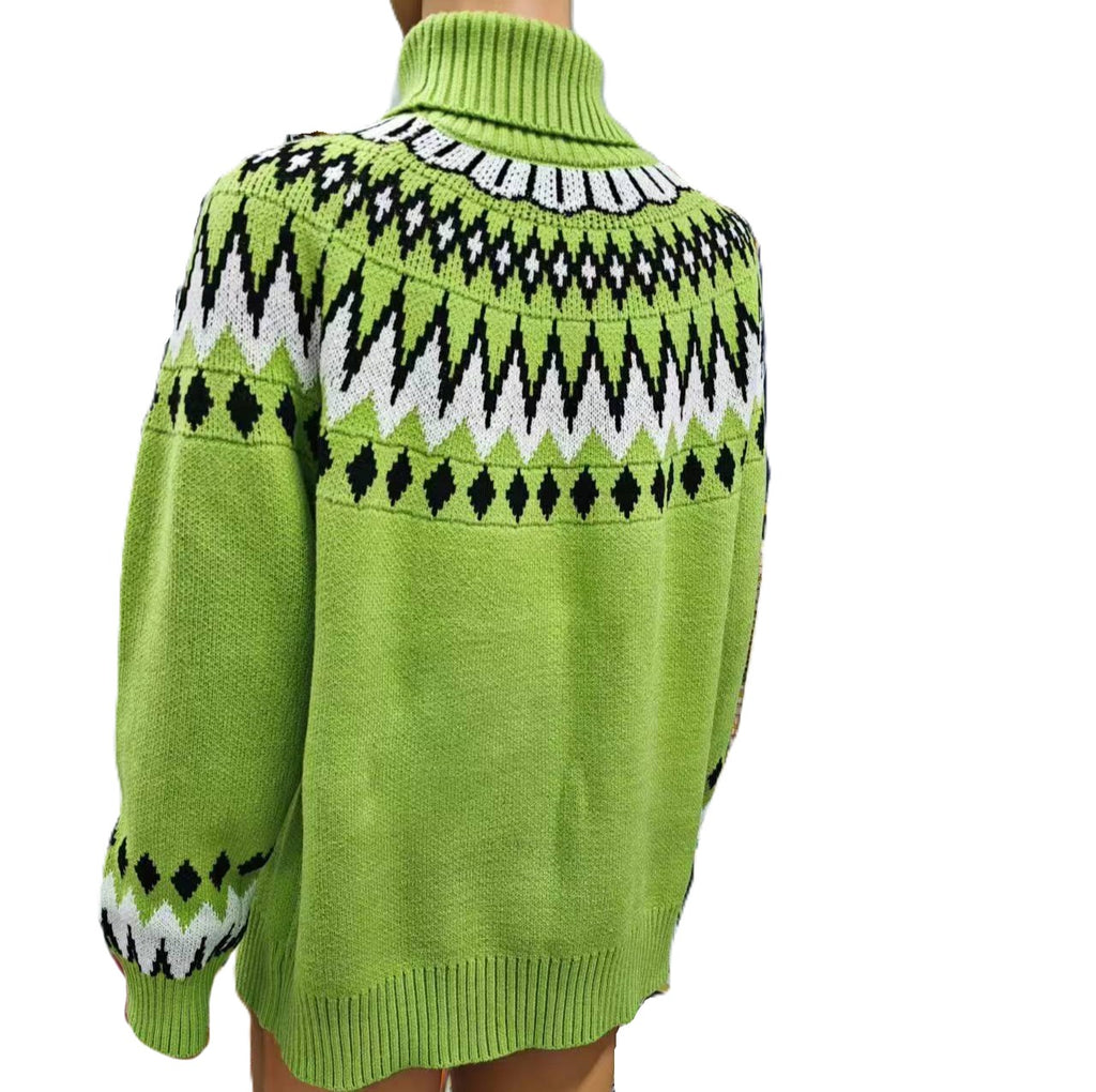 Fair Isle Yoke Half Turtleneck Knit Sweater - Green - 1