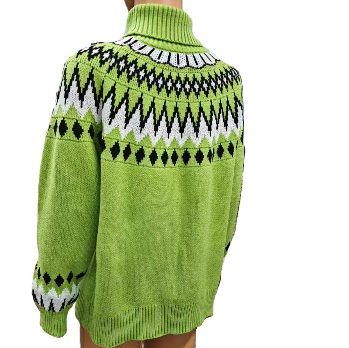 Fair Isle Yoke Half Turtleneck Knit Sweater - Green - 1