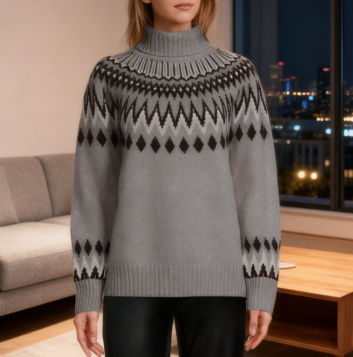 Fair Isle Yoke Half Turtleneck Knit Sweater - Grey