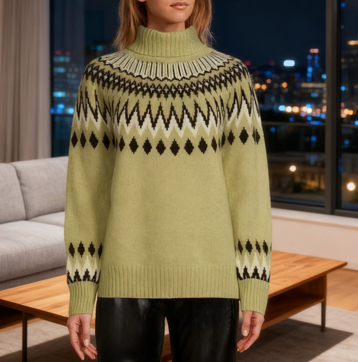Fair Isle Yoke Half Turtleneck Knit Sweater - Matcha