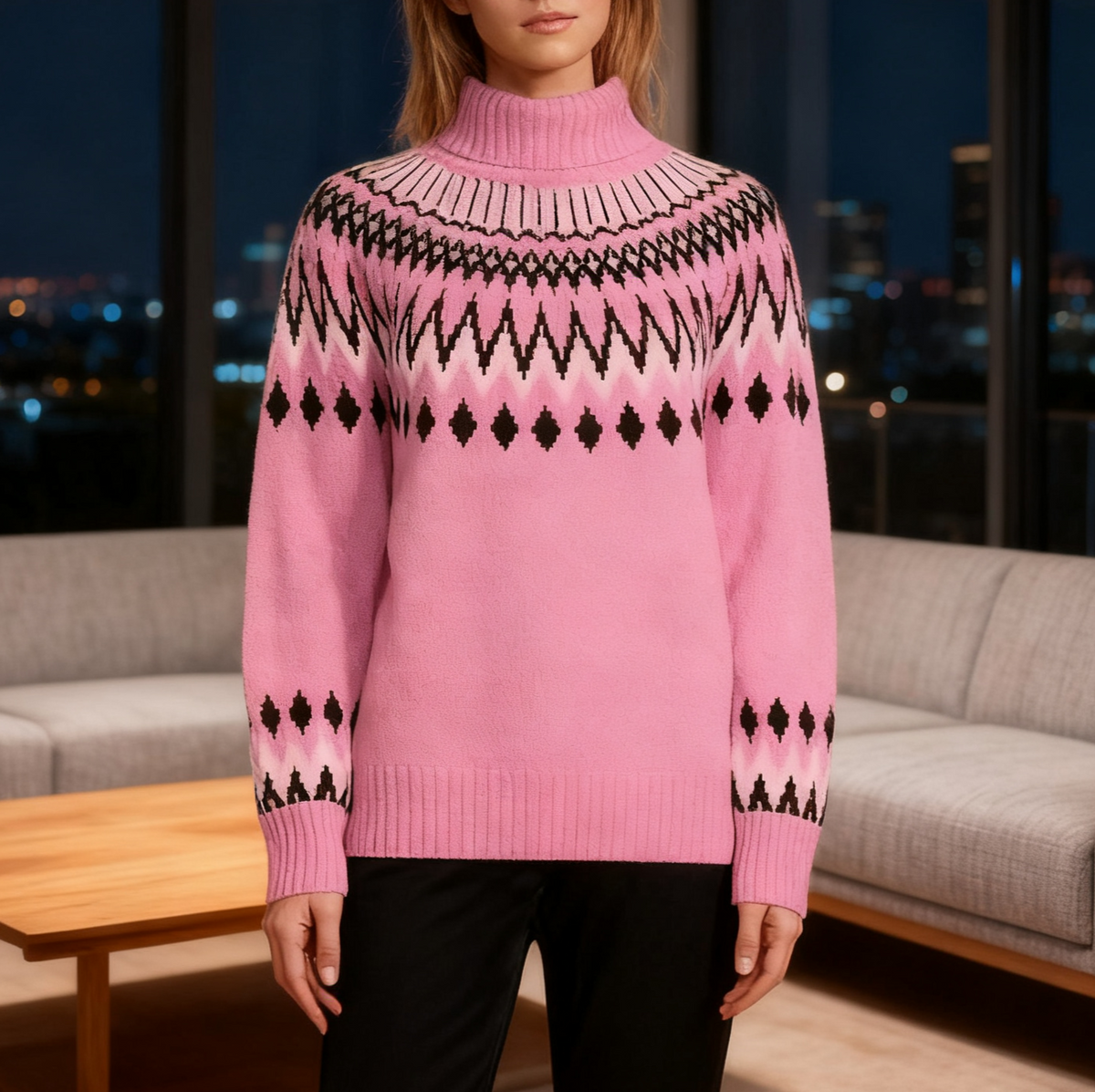 Fair Isle Yoke Half Turtleneck Knit Sweater - Pink
