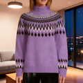 Fair Isle Yoke Half Turtleneck Knit Sweater - Purple