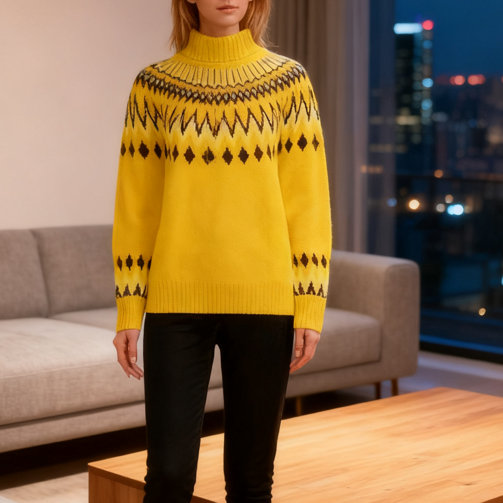Fair Isle Yoke Half Turtleneck Knit Sweater - Yellow-1