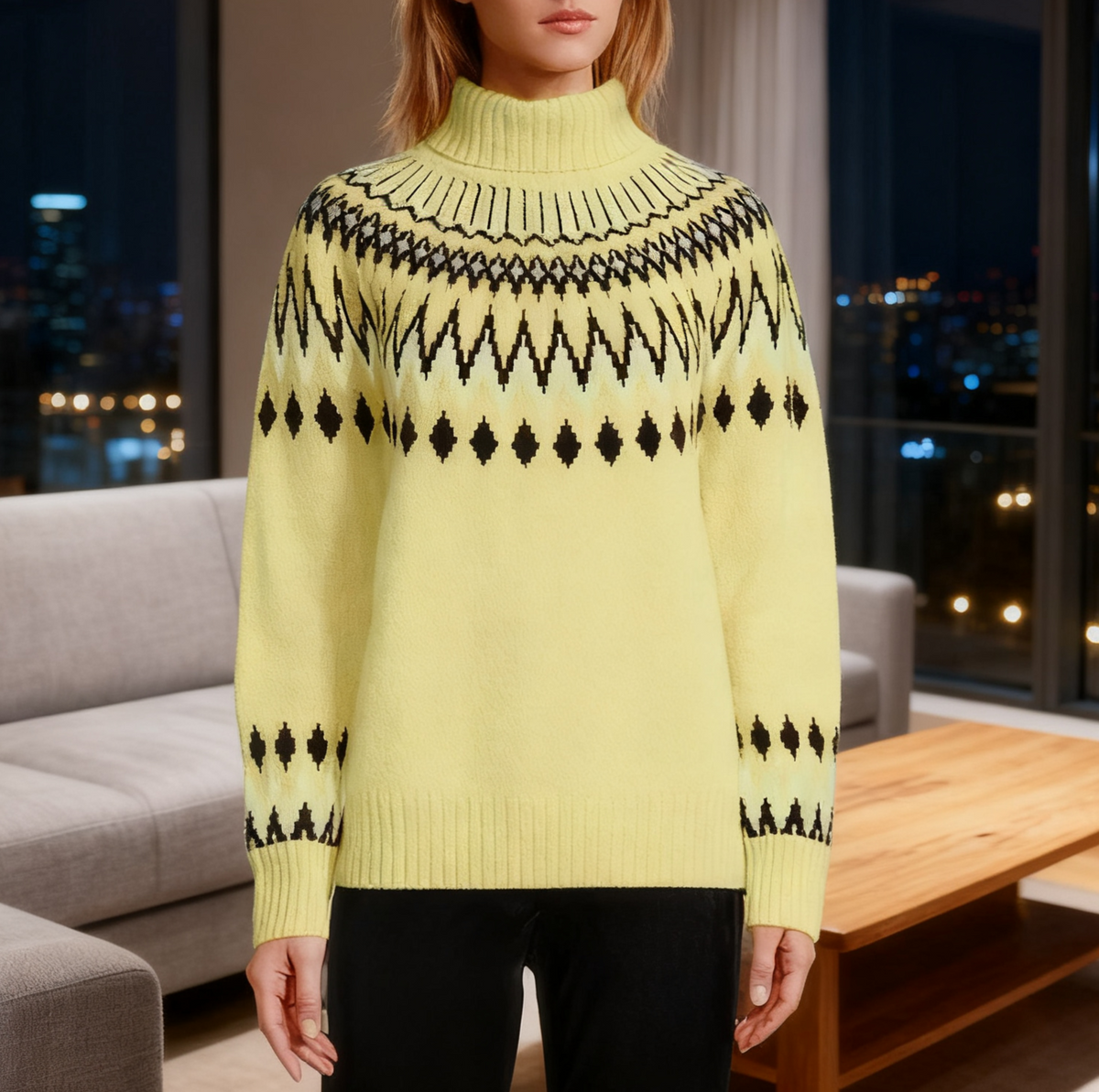 Fair Isle Yoke Half Turtleneck Knit Sweater - Yellow-2