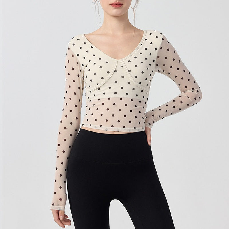 Polka Dot Mesh V-Neck Cropped Long Sleeve Workout Top
