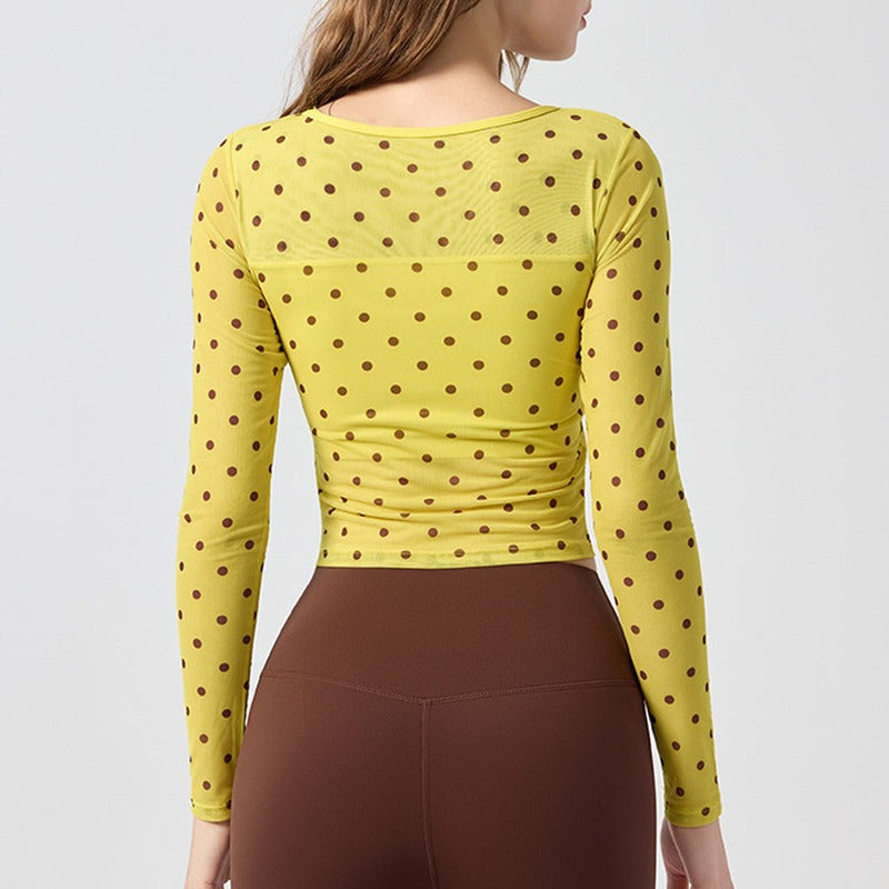 Polka Dot Mesh V-Neck Cropped Long Sleeve Workout Top