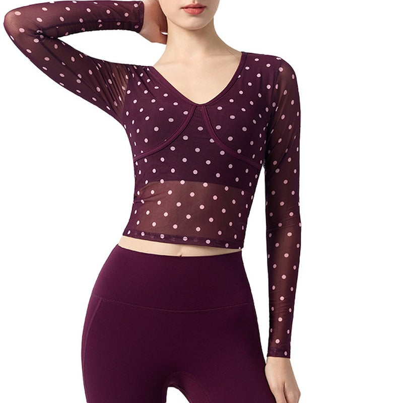 Polka Dot Mesh V-Neck Cropped Long Sleeve Workout Top