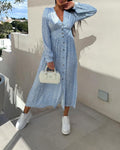 Ditsy Floral Button Front Long Sleeve Maxi Dress - Blue