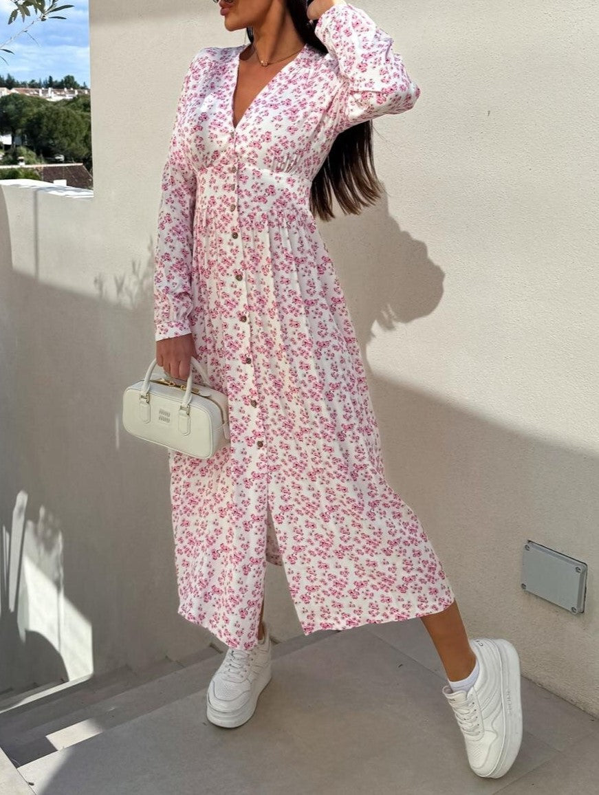 Ditsy Floral Button Front Long Sleeve Maxi Dress - Pink - 1