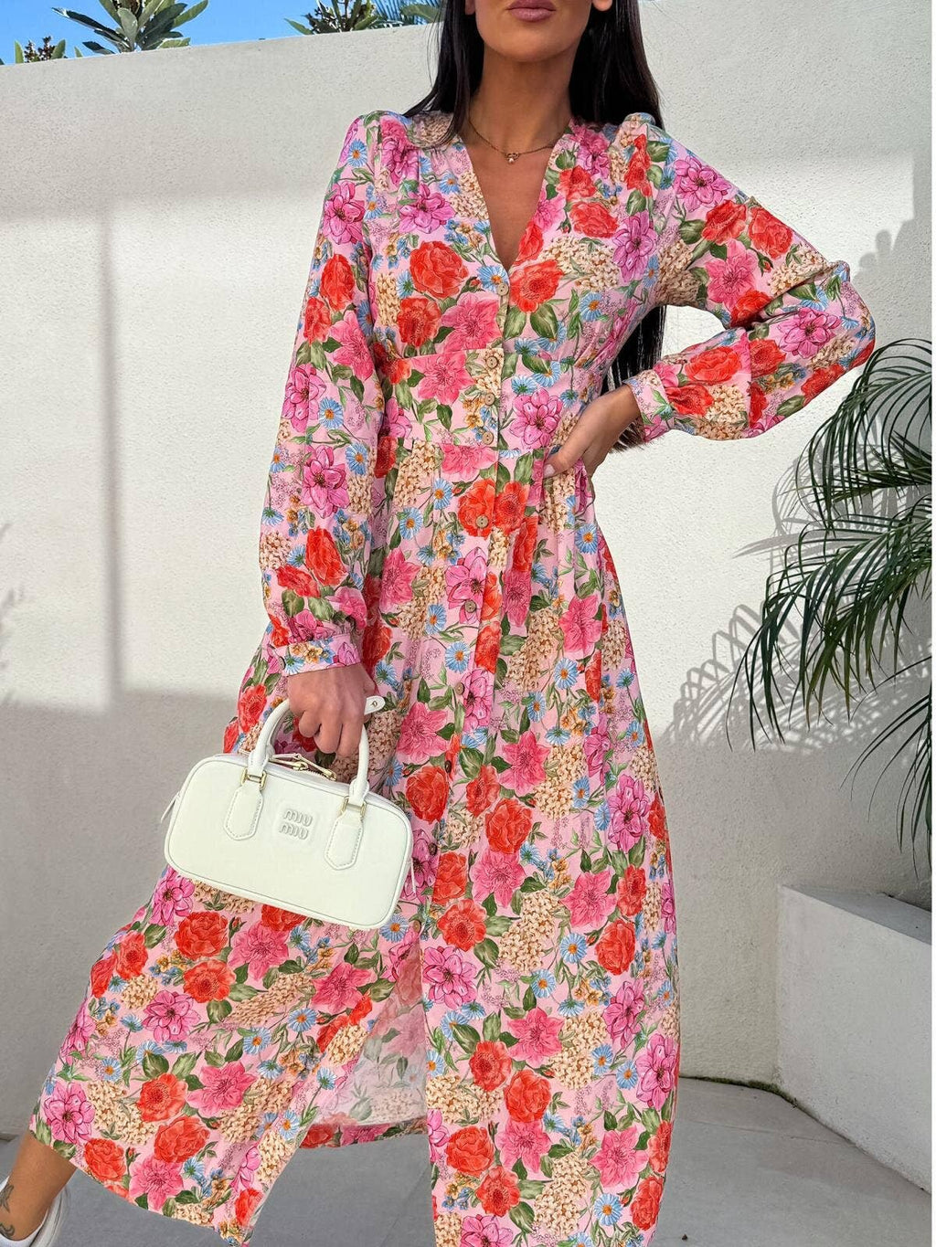 Ditsy Floral Button Front Long Sleeve Maxi Dress