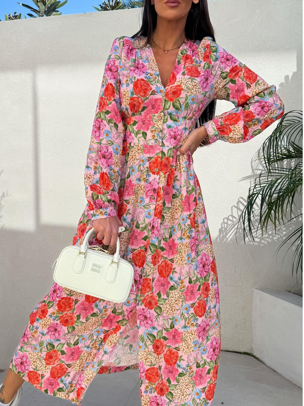 Ditsy Floral Button Front Long Sleeve Maxi Dress - view 1