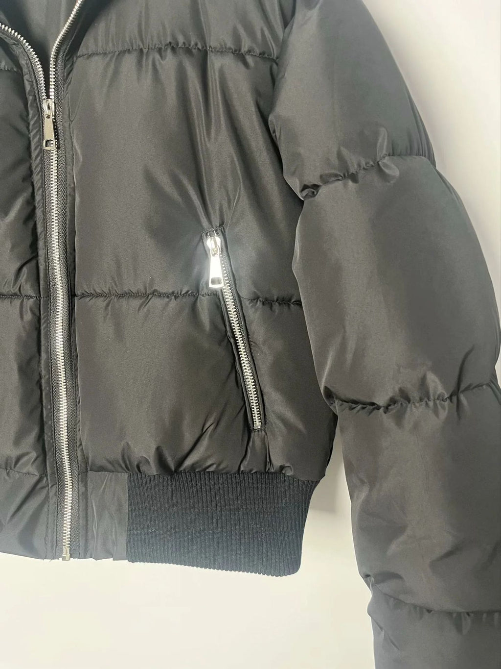 Cropped Puffer Jacket With Knit Panels - Black - 10